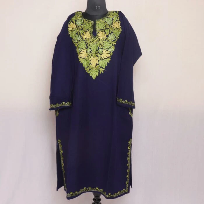 Blue Chinar baagh Kashmiri Pheran with Green Aari Embroidery