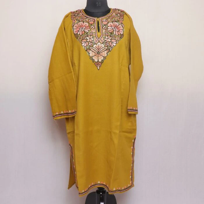 Light Mustard Aari Handwork Pure Wool Kashmiri Pheran - Image 2