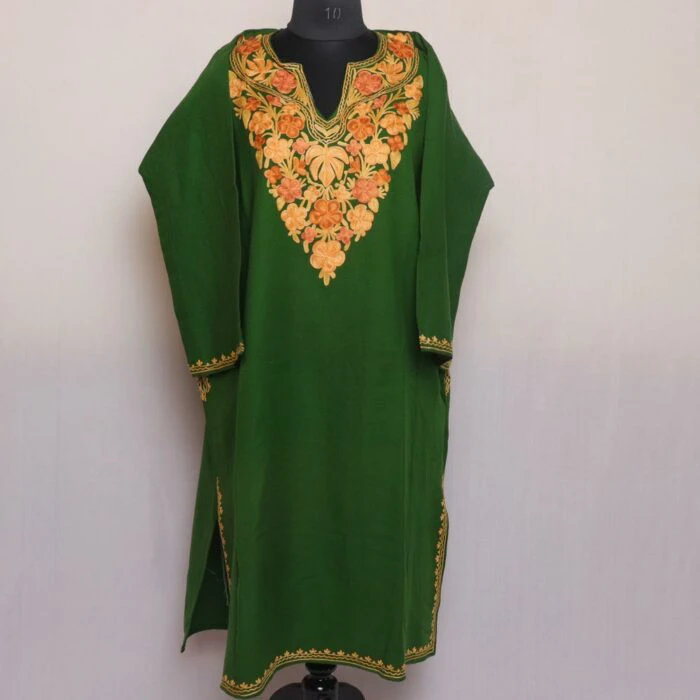 Dark Green Shahi Kashmiri Pheran with Aari Embroidery