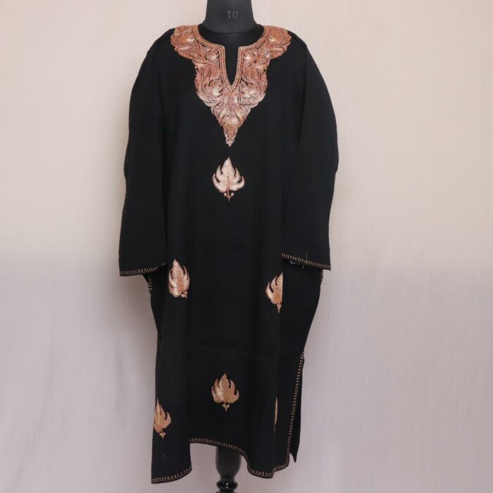 Black Chinari Pure Wool Kashmiri Pheran With Tilla Embroidery