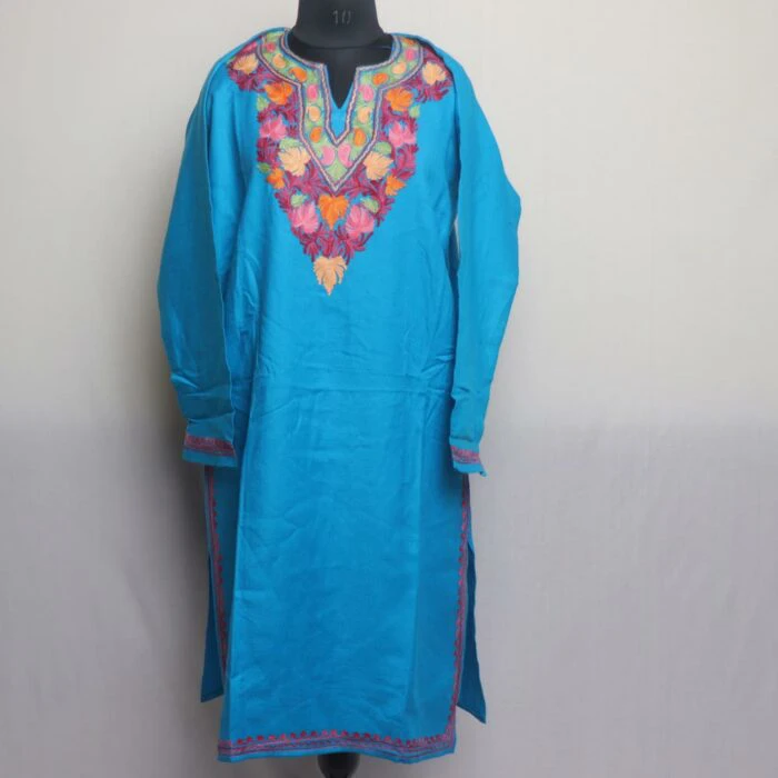 Ferozi Blue Lehlav Kashmiri Pheran With Aari Work