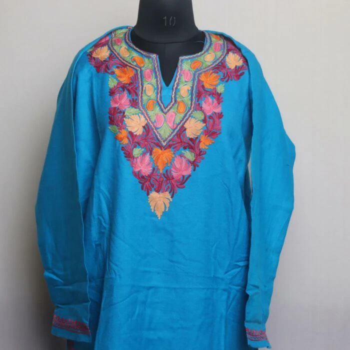 Ferozi Blue Lehlav Kashmiri Pheran With Aari Work - Image 2