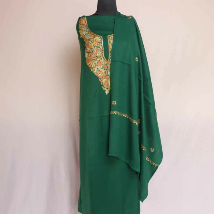 3PC Pure Wool Green Kashmiri Suit with paper Machie Sozni embroidery - Image 3