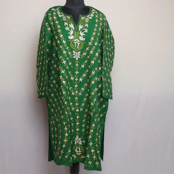 Green Pure Wool Jal Aari All Over Kashmiri Pheran