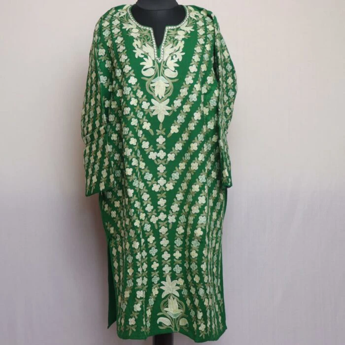 Green Ghazala Pure Wool Jal All Over Aari Kashmiri Pheran