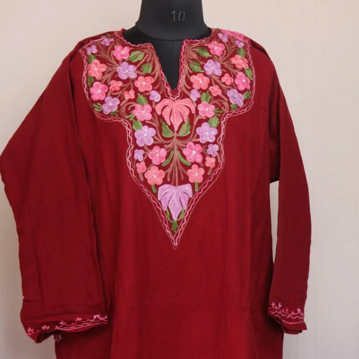 Maroon Gulfham Kashmiri Winter Aari Pheran - Image 2