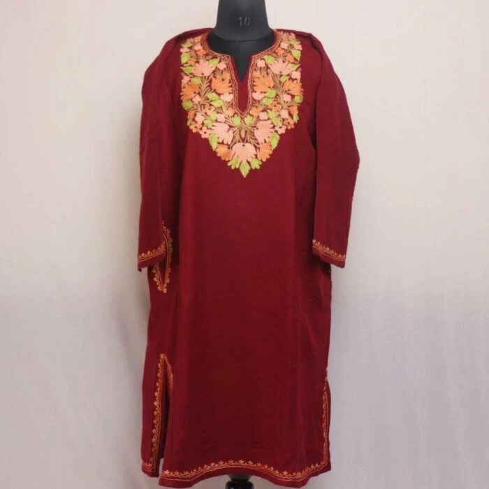 Burgundy Bliss: Maroon Winter Kashmiri Pheran with Aari Embroidery