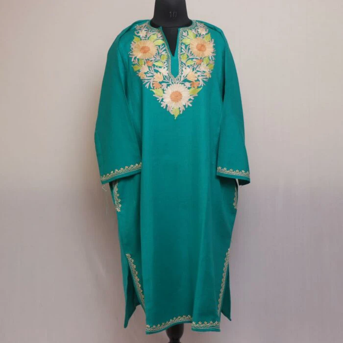 Pine Grove Elegance: Kashmiri Pheran in Pine Green with Aari Embroidery