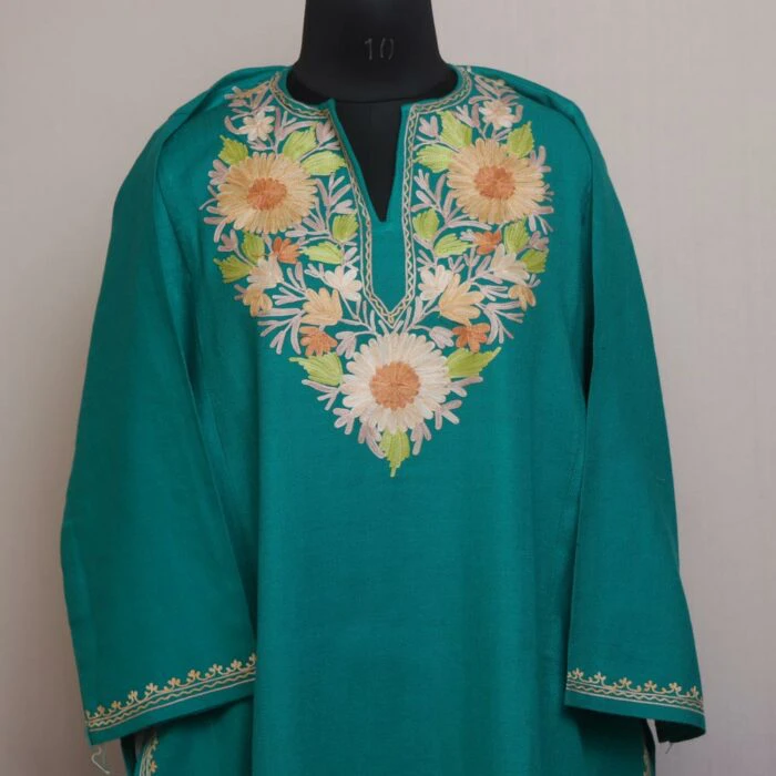 Pine Grove Elegance: Kashmiri Pheran in Pine Green with Aari Embroidery - Image 2