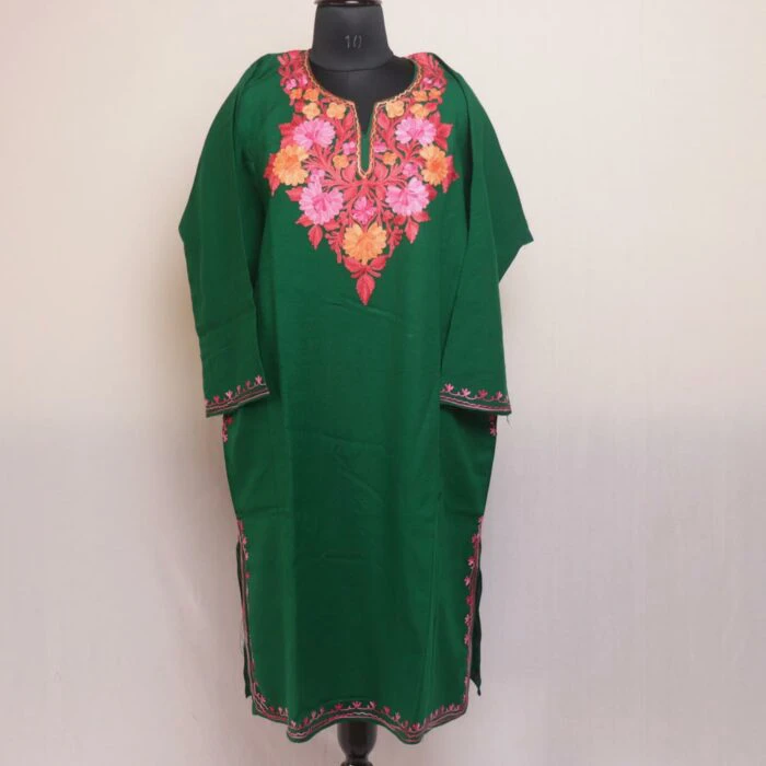 Evergreen Elegance: Dark Green Kashmiri Pheran with Aari Embroidery