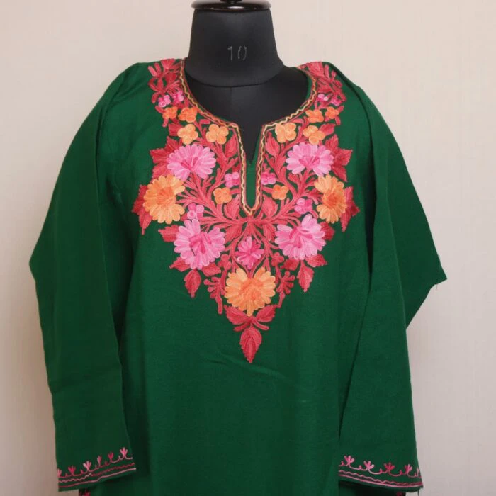 Evergreen Elegance: Dark Green Kashmiri Pheran with Aari Embroidery - Image 2