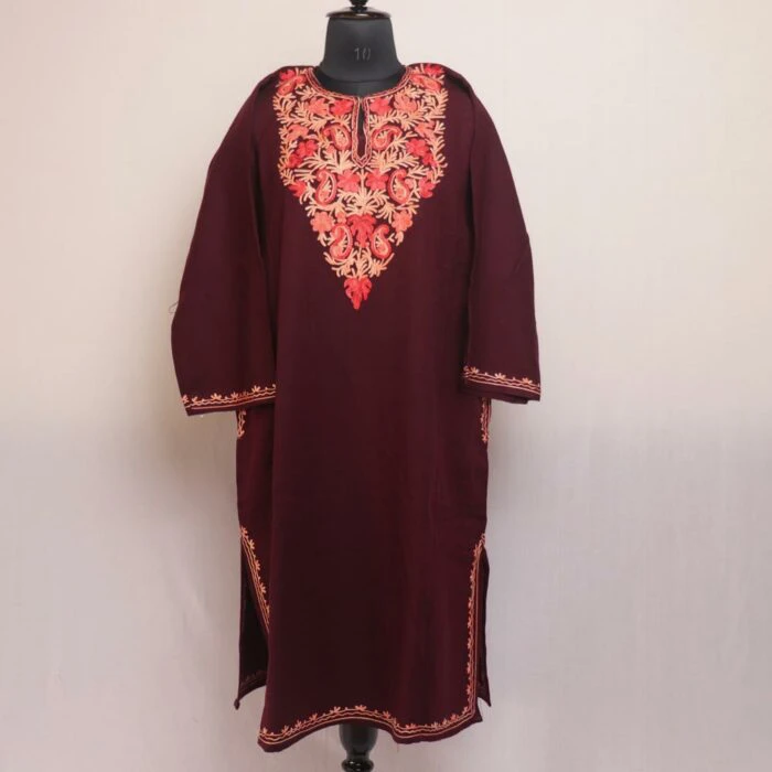 Burgundy Bliss: Kashmiri Pheran in Wine with Aari Embroidery