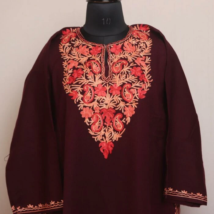 Burgundy Bliss: Kashmiri Pheran in Wine with Aari Embroidery - Image 2