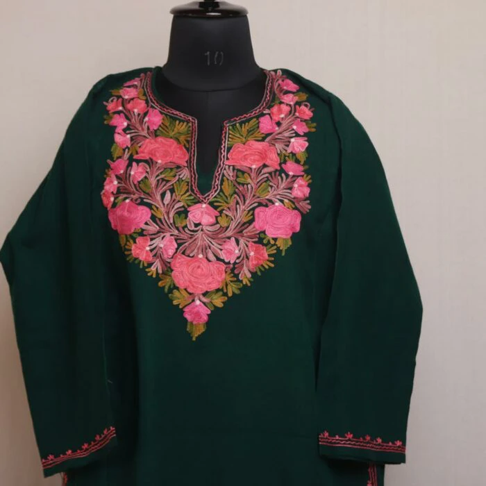 Snober Dark Green Kashmiri Pheran With Aari Work - Image 2