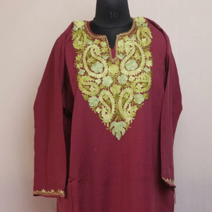 Roseate Radiance: Dark Pink Kashmiri Pheran with Aari Embroidery - Image 2