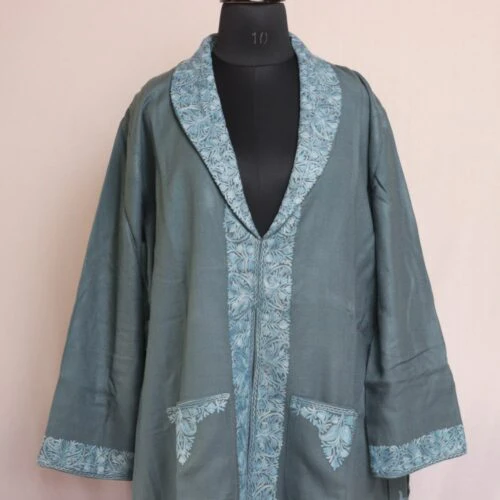 White Kashmiri Short Jacket with Floral Work in Silk - Kashmir Online  Shopping