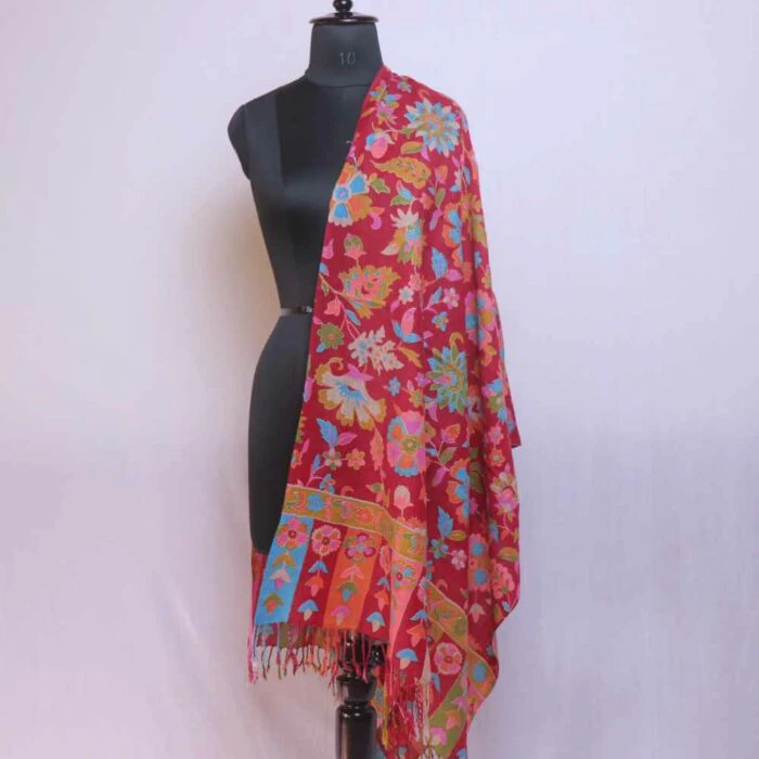 Madhubala Flower Kalamkari Polywool Stole With Hand Needle Outline Embroidery