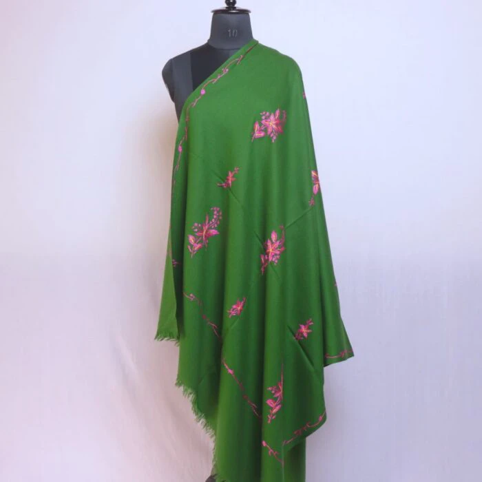 Green Kashmiri Winter Cashmilon Shawl with Hand Sozni Embroidery