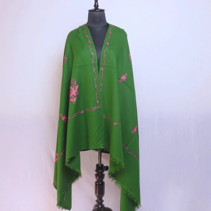 Green Kashmiri Winter Cashmilon Shawl with Hand Sozni Embroidery - Image 2