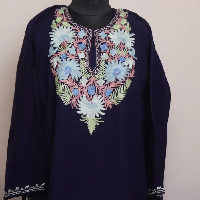 Dark Blue Cashmilon Winter Aari Pheran - Image 2