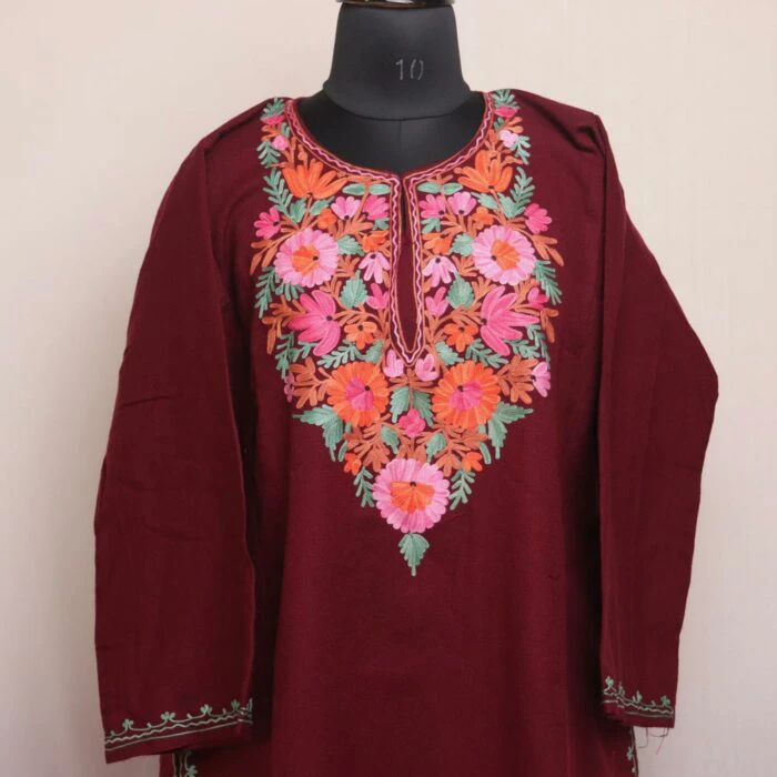 Maroon Bahar Cashmilon Winter Aari Pheran - Image 2