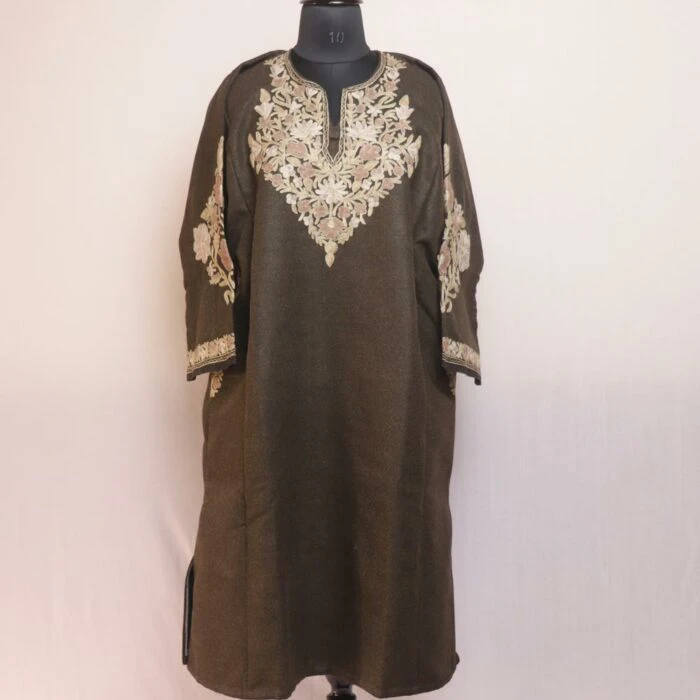 Olive Green Tweed Aari Zari Kashmiri Pheran