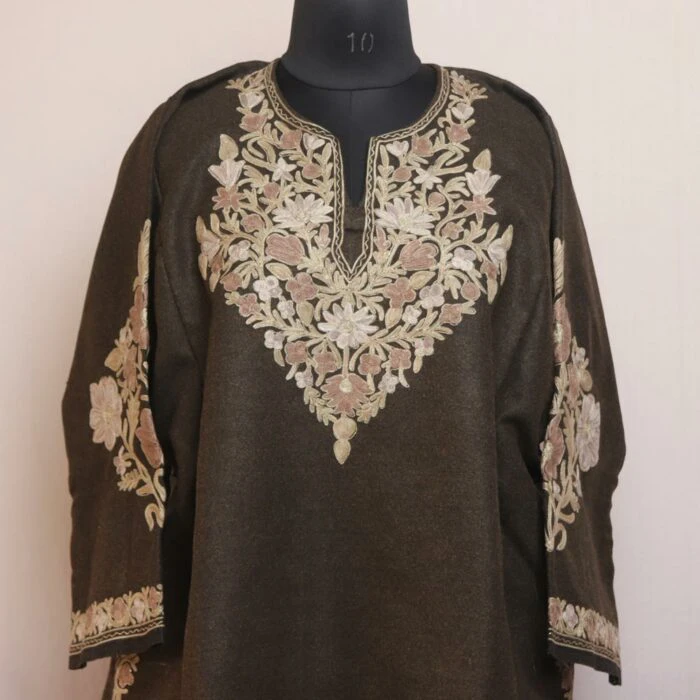 Olive Green Tweed Aari Zari Kashmiri Pheran - Image 2