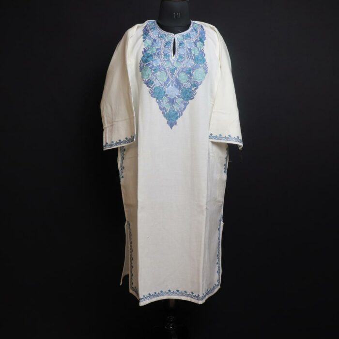 White Aabi Kashmiri Pheran with Aari Embroidery