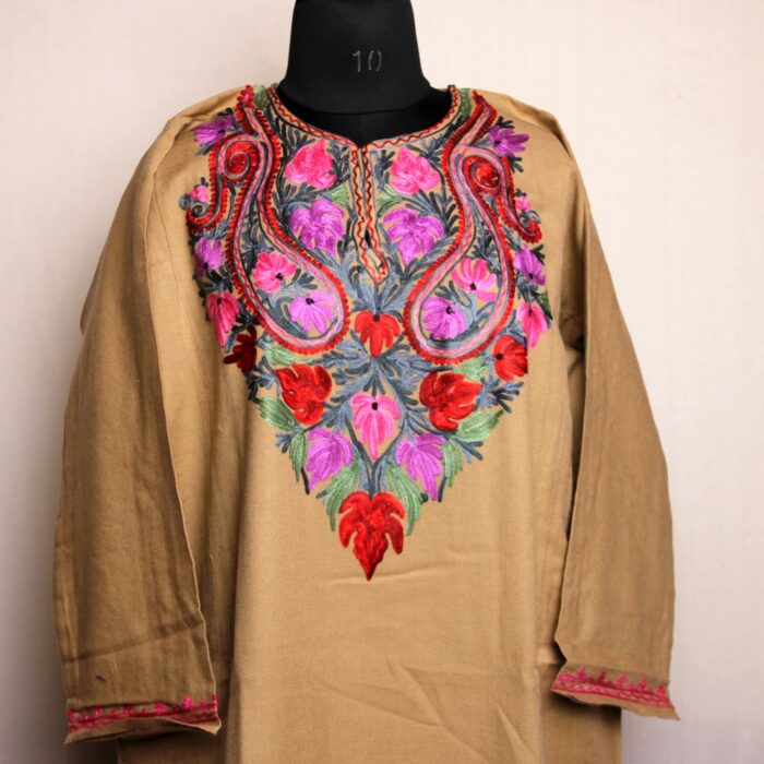 Kashmiri Pheran - Light Brown With Aari Embroidery - Image 2