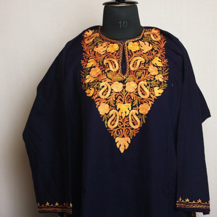 Dark Blue Shaheen Kashmiri Pheran With Aari Embroidery - Image 2