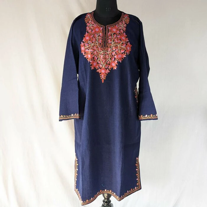 Dark Blue Pure Wool Kashmiri Sozni Paper Mache Pheran