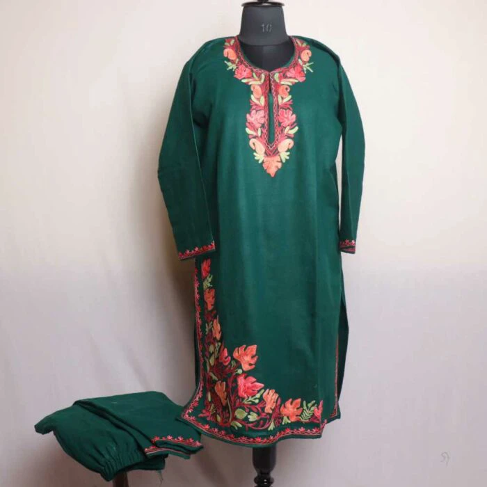 Mumtaz Green Border Work Kashmiri Winter Co-ord Set