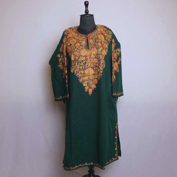 Izaband Bottle Green Kashmir Pheran With Front Back Embroidery