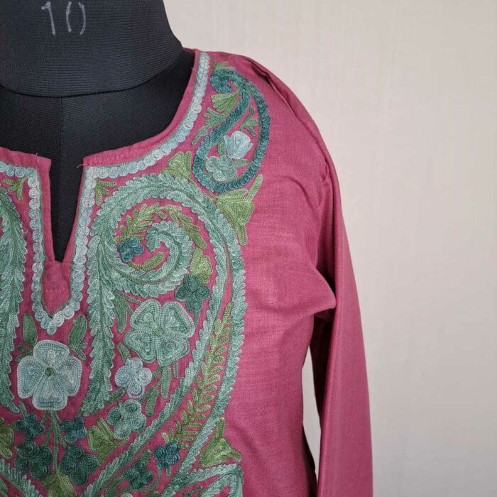 Pink Asma badami Ruby Cotton Kashmiri Kurti with Ari Embroidery - Image 3