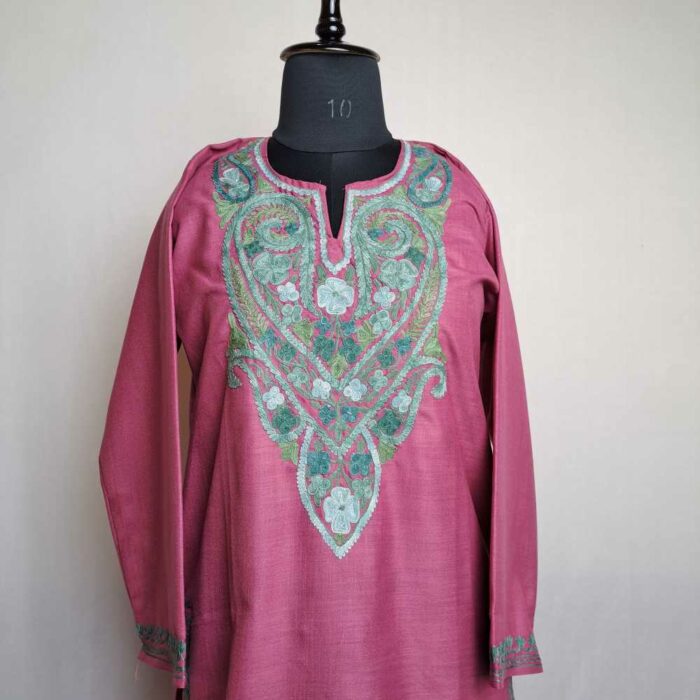 Pink Asma badami Ruby Cotton Kashmiri Kurti with Ari Embroidery - Image 2