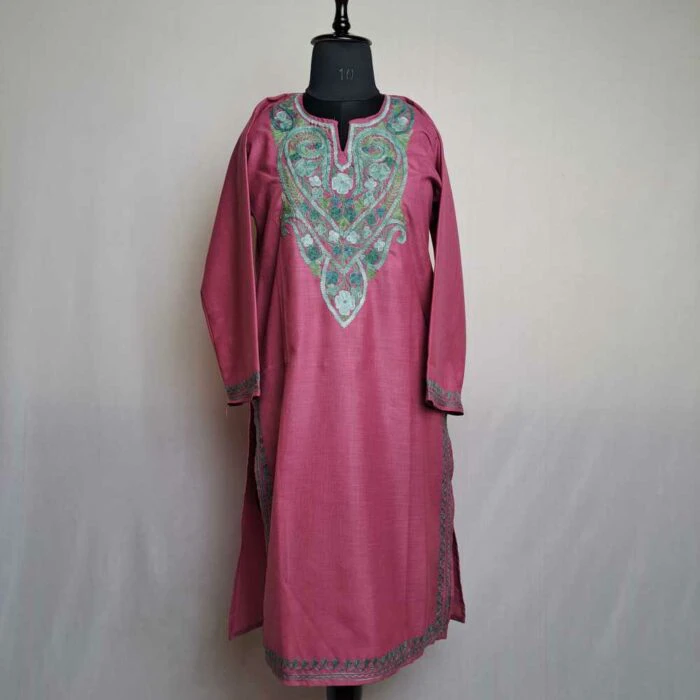 Pink Asma badami Ruby Cotton Kashmiri Kurti with Ari Embroidery