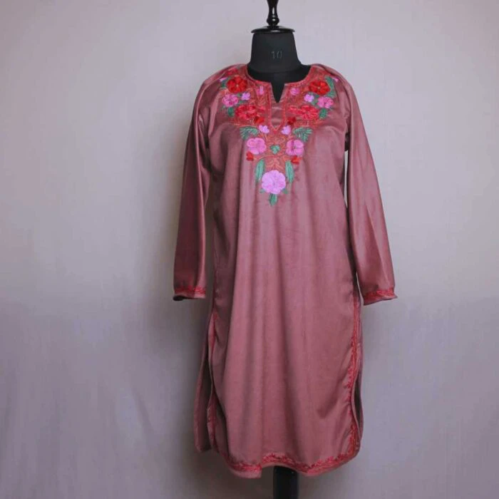 Onion Pink Bilawal Velvet Kashmiri Kurti with ari Embroidery