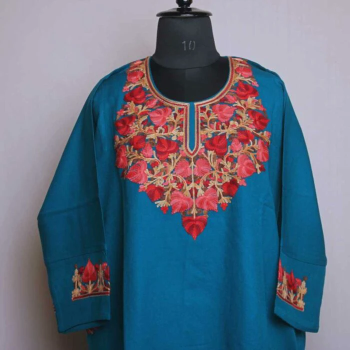 Lovely Blue Gousia Kashmiri Pheran With Heavy Ari Embroidery - Image 2