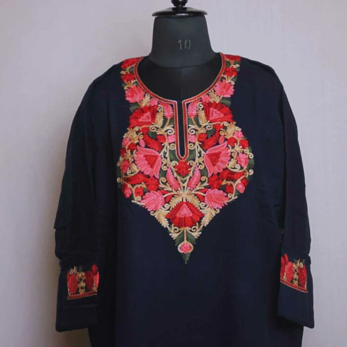 Blue Gousia Kashmiri Pheran With Heavy Ari Embroidery - Image 2