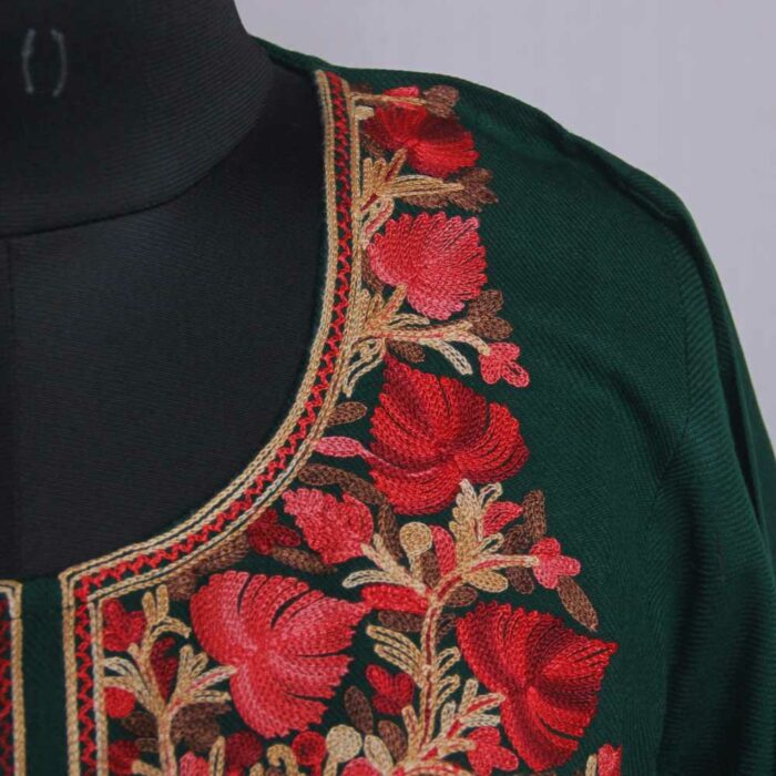 Green Gousia Kashmiri Pheran With Heavy Ari Embroidery - Image 3