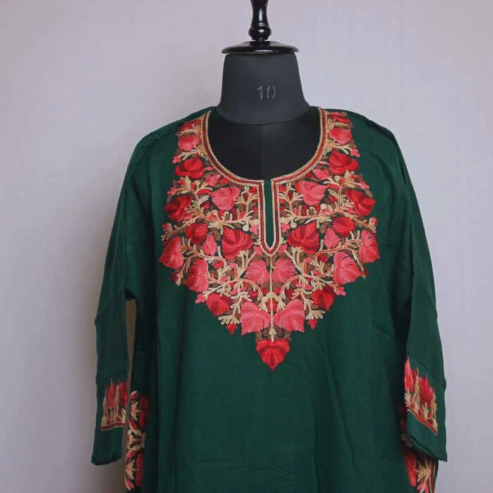 Green Gousia Kashmiri Pheran With Heavy Ari Embroidery - Image 2