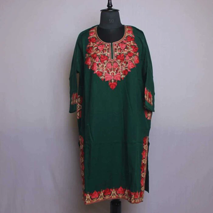 Green Gousia Kashmiri Pheran With Heavy Ari Embroidery