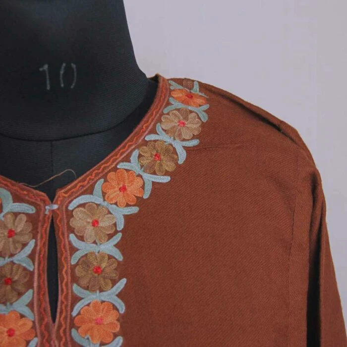 Brown Wanbal Designer Pure Wool Pheran with Ari Embroidery - Image 3