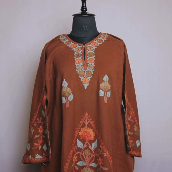 Brown Wanbal Designer Pure Wool Pheran with Ari Embroidery - Image 2