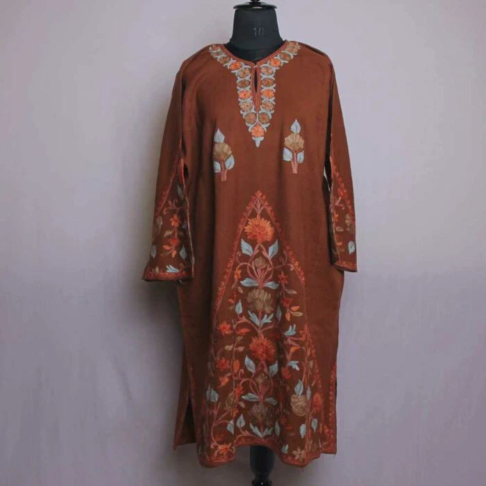 Brown Wanbal Designer Pure Wool Pheran with Ari Embroidery