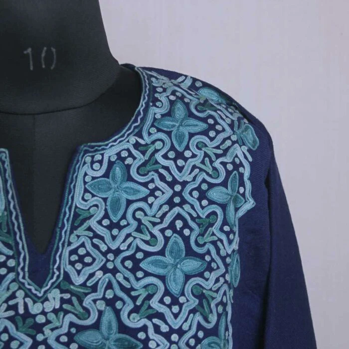 Blue Wanbal Star Designer Pure Wool Pheran with Ari Embroidery - Image 3