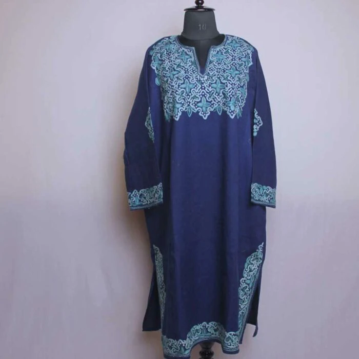 Blue Wanbal Star Designer Pure Wool Pheran with Ari Embroidery