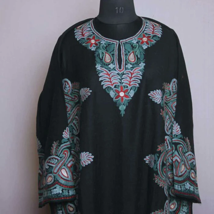 Black Wanbal Designer Pure Wool Pheran with Ari Embroidery - Image 3