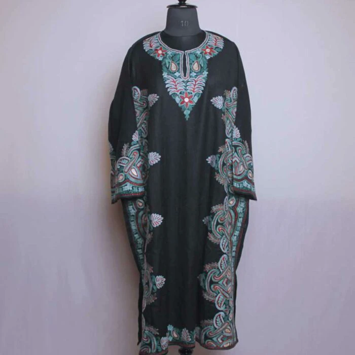 Black Wanbal Designer Pure Wool Pheran with Ari Embroidery