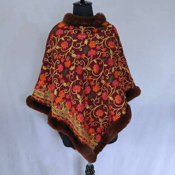 Lily Maroon Kashmiri Fur Poncho With Jaal Ari Embroidery